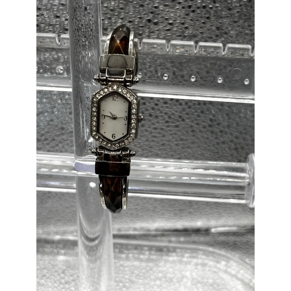 Vintage Tortoise Enamel White/Silver DIAL Women Bejeweled Cuff Rhinestone Watch